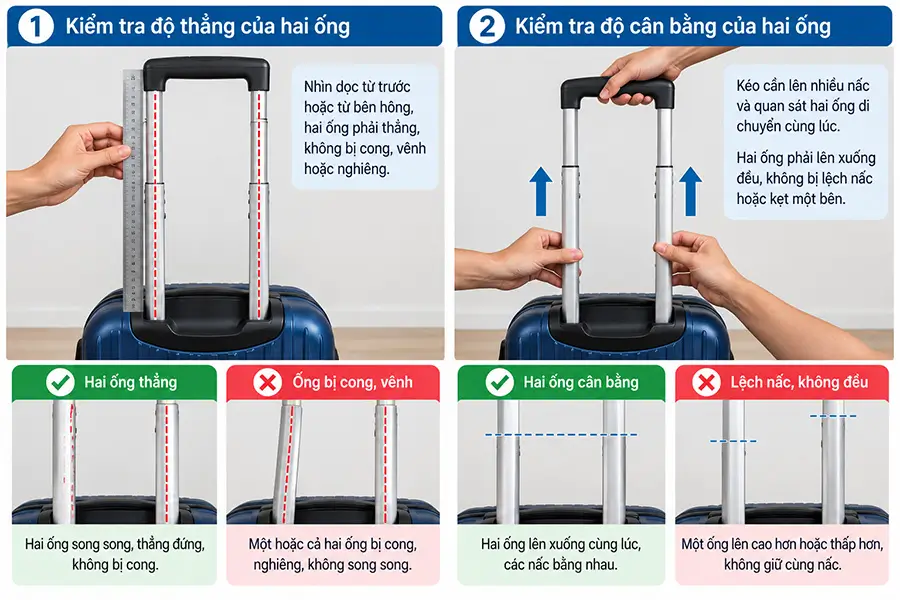 Kiểm tra hai ống cần trên vali rỗng
