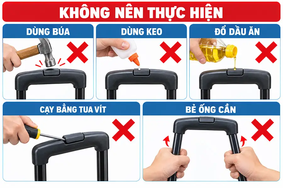 Không dùng lực mạnh hoặc dụng cụ để ép cần hoạt động